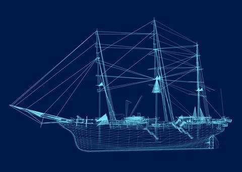 Ship vector wireframe vector illustration. vintage Sailing boat. Side view. 3D Stock Illustration