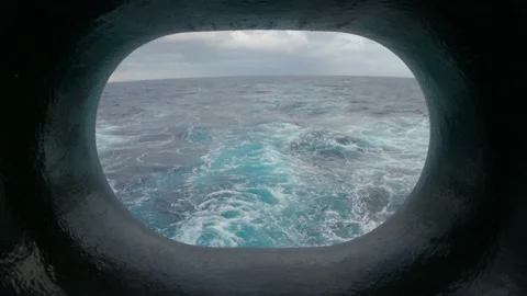 Ship. View back through clew. Trace of vessel. Ocean water. Deep blue. Trace Stock Footage 172034526