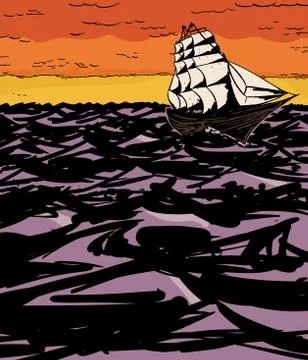 Ship on Water at Sunset Stock Illustration