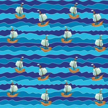 Ship on wave seamless pattern. Boat in ocean background. 스톡 일러스트