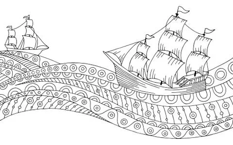 Ship waves black white graphic abstract doodle pattern sketch illustration vecto Stock Illustration
