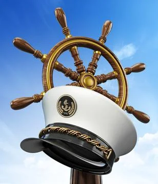 Ship wheel and captain hat against blue sky background. 3D illustration Stock Illustration