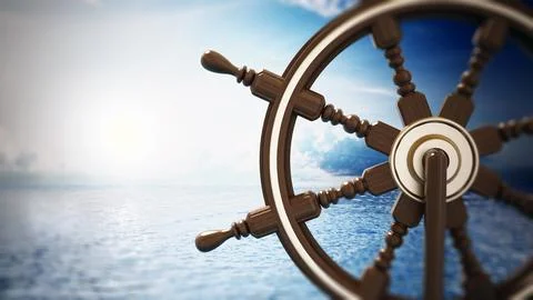 Ship wheel on sea background and in daylight. 3D illustration Stock Illustration