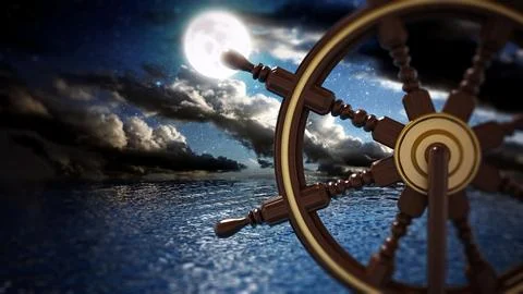 Ship wheel on sea night background. 3D illustration Stock Illustration