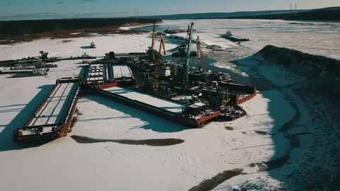 Ship in winter dock.  Freez river. Navigation. Video stock 101816517