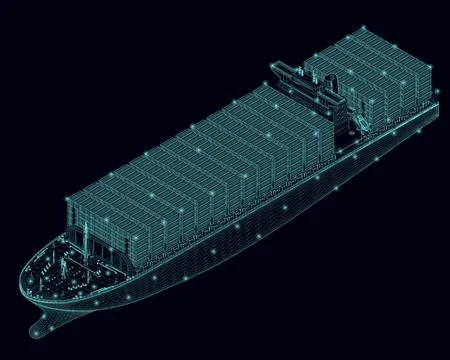 Ship wireframe with many containers made of blue lines isolated on a dark Stock Illustration