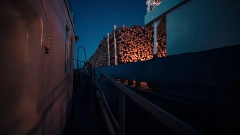 Ship With Wood On River Video stock 75442991