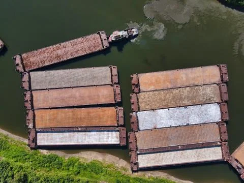 Ship work with barges on the river Stock Photos