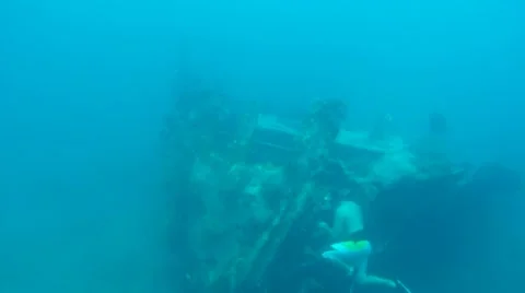 Ship Wreck With Free Diver Stock Footage 7903174