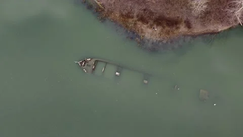 Ship Wreck of the Second World War in the Po river in winter drone view, Emilia Video stock 226021857