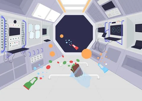 Ship in zero gravity flat color vector illustration Stock-Illustration