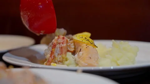 Shipboard Seafood Dinner with Salmon Crab and Mashed Potatoes Stock Footage 335080632
