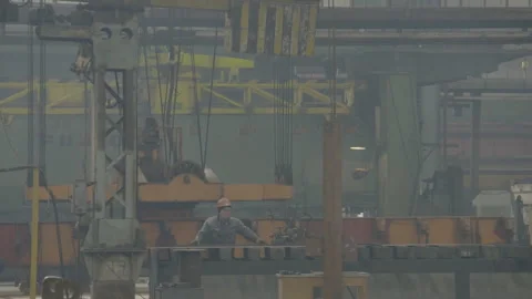 Shipbuilding plant, Internal welding workshop m erection of metal structures. Th Stock Footage 104184247