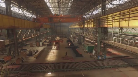 Shipbuilding plant, Internal welding workshop m erection of metal structures.  Stock Footage 104184509