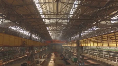 Shipbuilding plant, Internal welding workshop m erection of metal structures.  Stock Footage 104184697