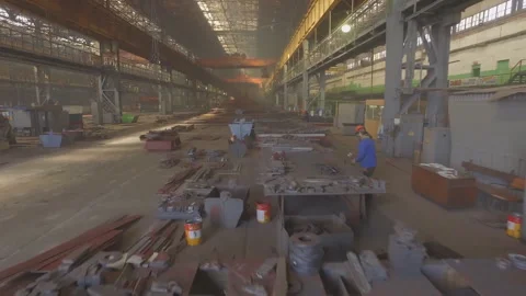 Shipbuilding plant, Internal welding workshop m erection of metal structures.  Stock Footage 104184921