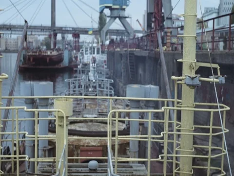 Shipbuilding zone view, port from a board of industrial boat Stock Footage 71868392