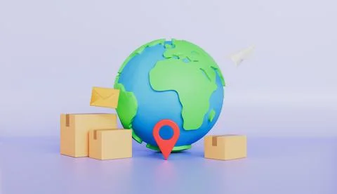 Shipment delivery with globe icon and carton boxes, Fast shipping Stock Illustration