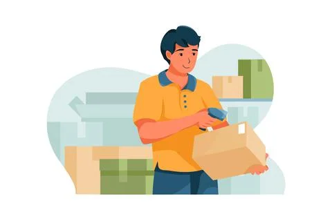 The shipper is scanning a box's barcode. 스톡 일러스트