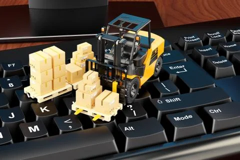 Shipping and logistics concept. Computer keyboard with parcels and forklift t Stock Illustration