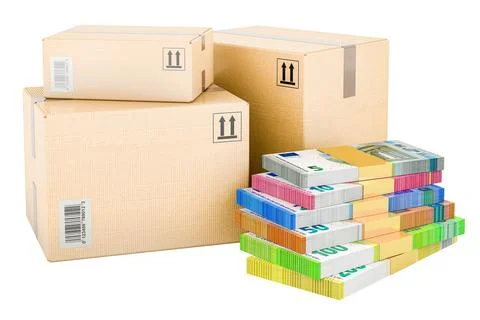 Shipping and logistics concept. Three parcels with money, euro packs. 3D re.. Illustrazione stock