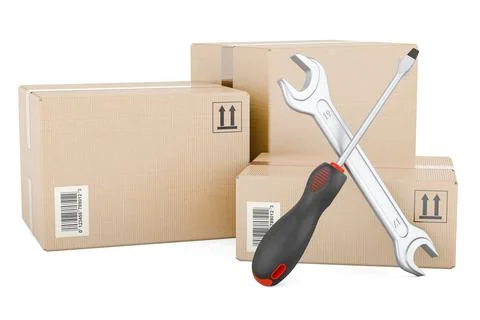 Shipping and logistics concept. Three parcels with screwdriver and wrench. .. Stock Illustration
