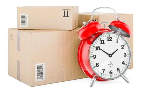 Shipping and logistics concept. Three parcels with alarm clock, 3D rendering Illustration
