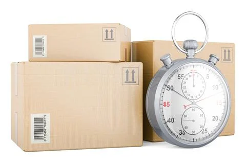 Shipping and logistics concept. Three parcels with stopwatch, 3D rendering Illustrazione stock