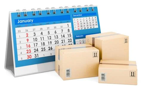 Shipping and logistics concept. Three parcels with desk calendar. 3D renderin Stock Illustration