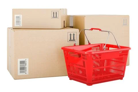 Shipping and logistics concept. Three parcels with shopping basket. 3D rend.. イラスト素材