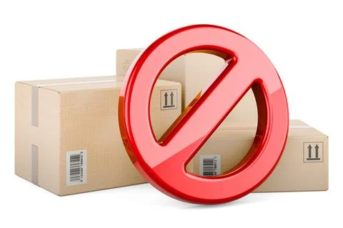 Shipping and logistics concept. Three parcels with forbidden symbol. 3D ren.. Stock Illustration