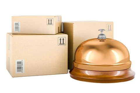 Shipping and logistics concept. Three parcels with reception bell. 3D renderi Stock Illustration