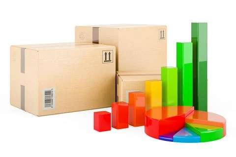 Shipping and logistics concept. Three parcels with growth bar graph and pie.. Illustrazione stock