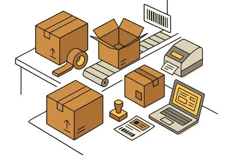 Shipping and logistics process with boxes tape and laptop on a table Stock Illustration