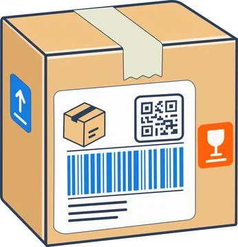 Shipping Box with Barcode and QR Code Logistics Label Stock Illustration