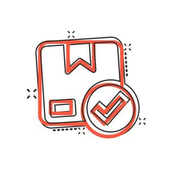 Shipping box check icon in comic style. Container approve cartoon vector illu イラスト素材