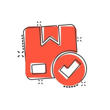 Shipping box check icon in comic style. Container approve cartoon vector illu Stock-Illustration