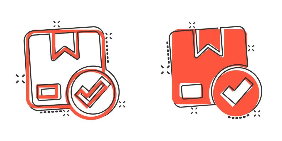 Shipping box check icon in comic style. Container approve cartoon vector illu Illustrazione stock