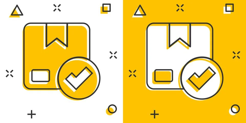 Shipping box check icon in comic style. Container approve cartoon vector illu Stock-Illustration