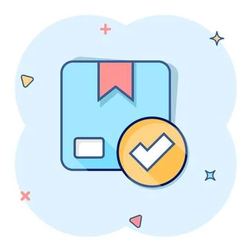 Shipping box check icon in comic style. Container approve cartoon vector illu Stock-Illustration
