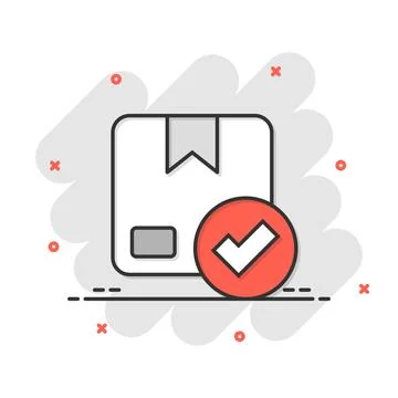 Shipping box check icon in comic style. Container approve cartoon vector il.. イラスト素材