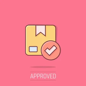 Shipping box check icon in comic style. Container approve cartoon vector il.. Stock-Illustration