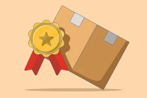 Shipping Box Concept with High Quality Badge. Product Qualification Concept. Illustrazione stock