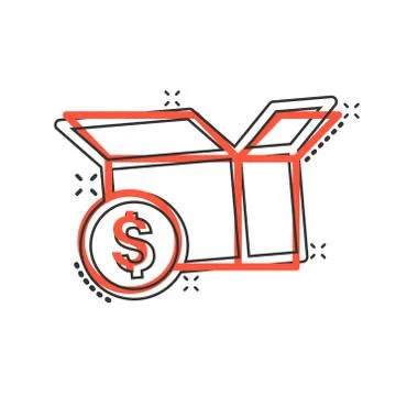 Shipping box with dollar icon in comic style. Container cartoon vector illust Stock-Illustration