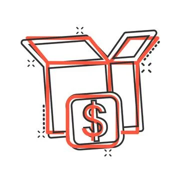 Shipping box with dollar icon in comic style. Container cartoon vector illust Illustrazione stock