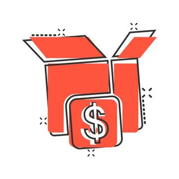 Shipping box with dollar icon in comic style. Container cartoon vector illust Stock-Illustration