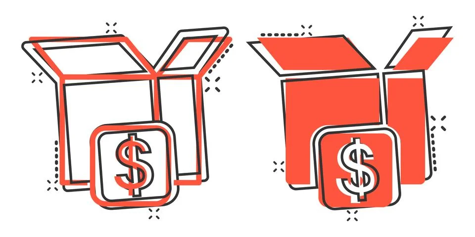 Shipping box with dollar icon in comic style. Container cartoon vector illust Stock Illustration