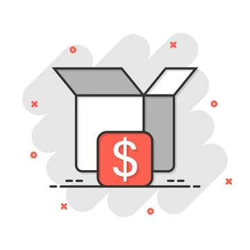 Shipping box with dollar icon in comic style. Container cartoon vector illust Illustrazione stock