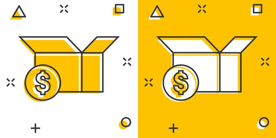 Shipping box with dollar icon in comic style. Container cartoon vector illust 스톡 일러스트