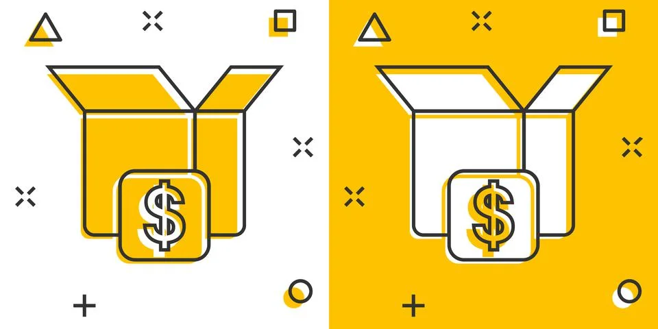 Shipping box with dollar icon in comic style. Container cartoon vector illust Stock-Illustration